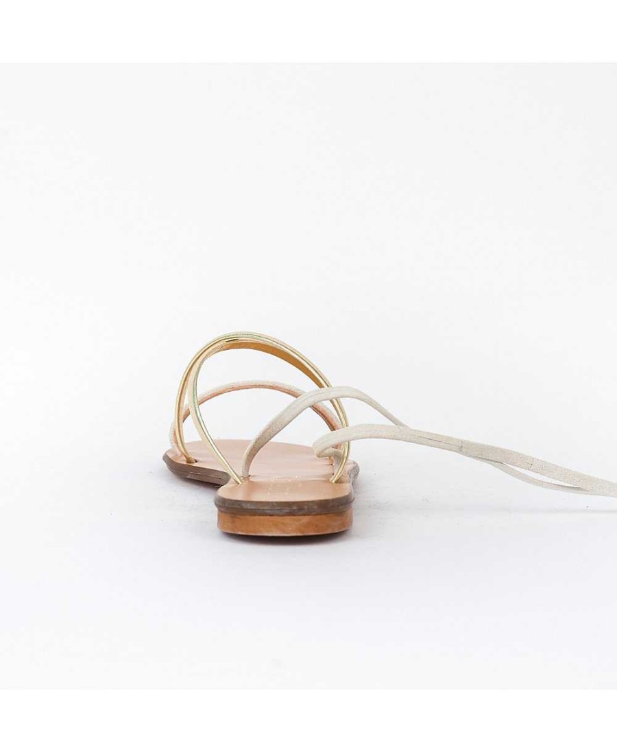 Sandalen En Blote Voeten | Osmose Beige En Platina Leren Platte Sandaal