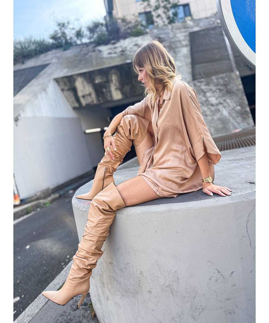 Laarzen | Osmose Wees Op De Hoogte Van De Nieuwe Haute Couture Signature Osmose-Schoenen Parijs: Nude Leren Overknee-Laarzen Met Hoge Hak