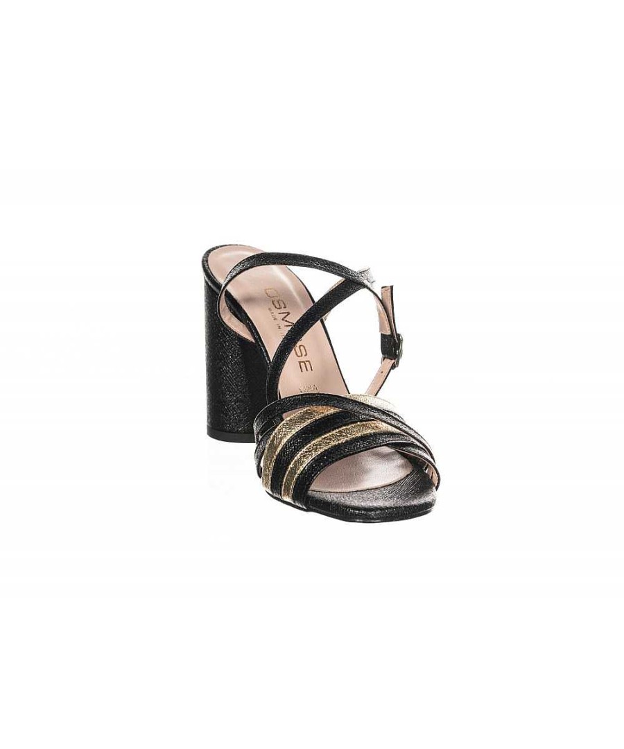 Sandalen En Blote Voeten | Osmose Sandaal Met Hak Ondertekend Osmose Leereffect Metallic Craquele Zwart R& Goud.