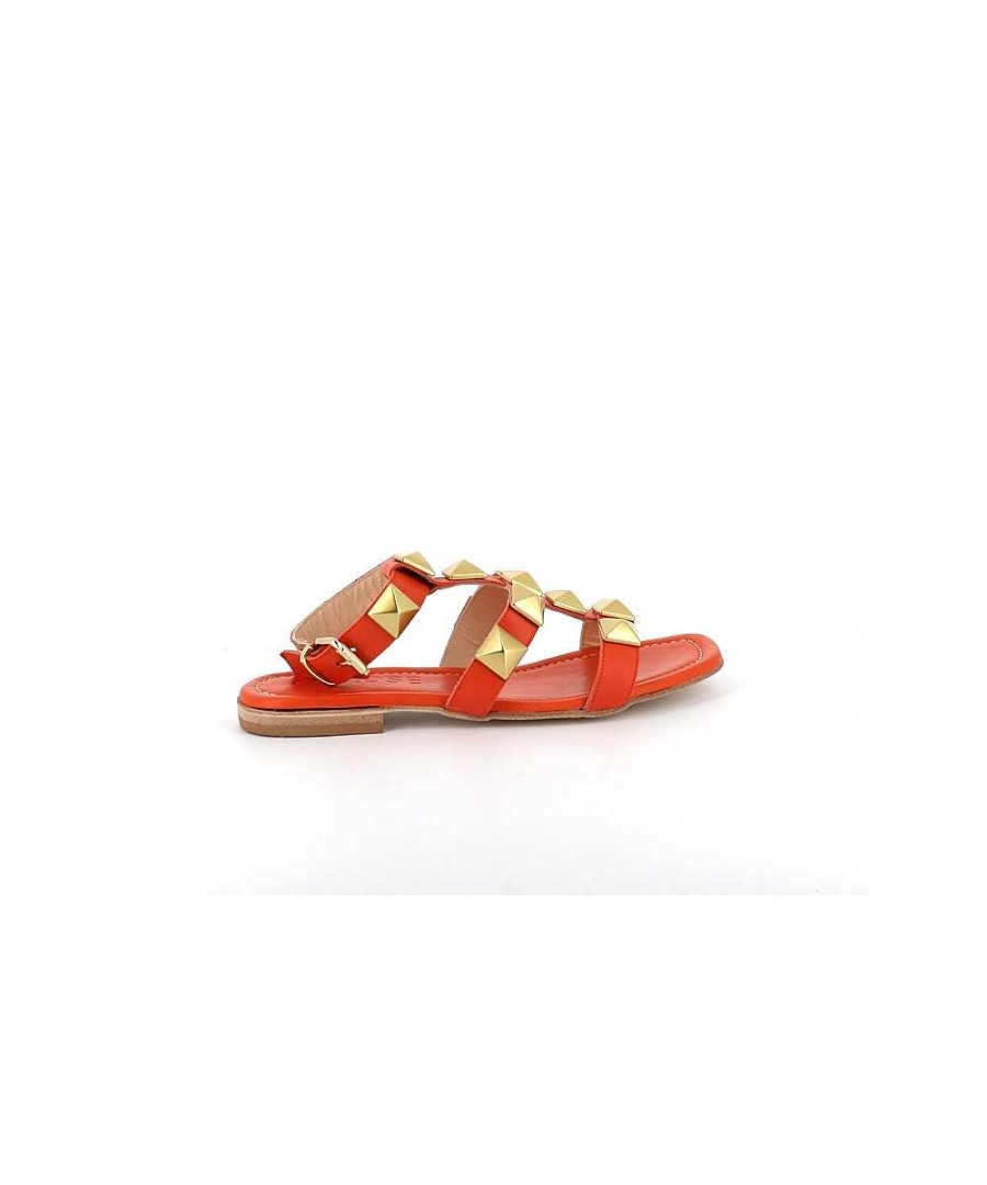 Sandalen En Blote Voeten | Osmose Nawel Oranje Leren Sandaal Met Studs