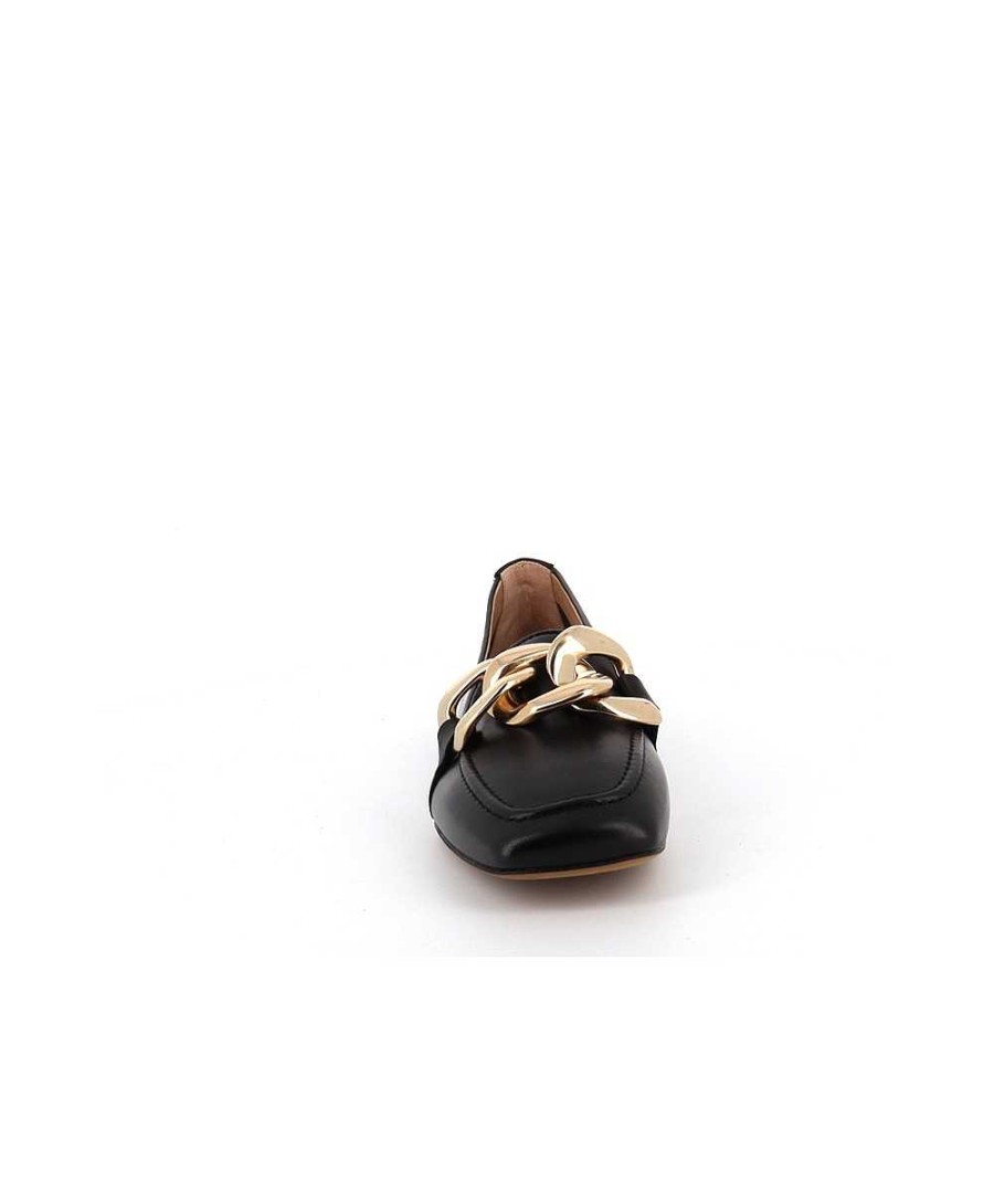 Mocassins | Osmose Tessa Zwart Leren Mocassin Met Ketting