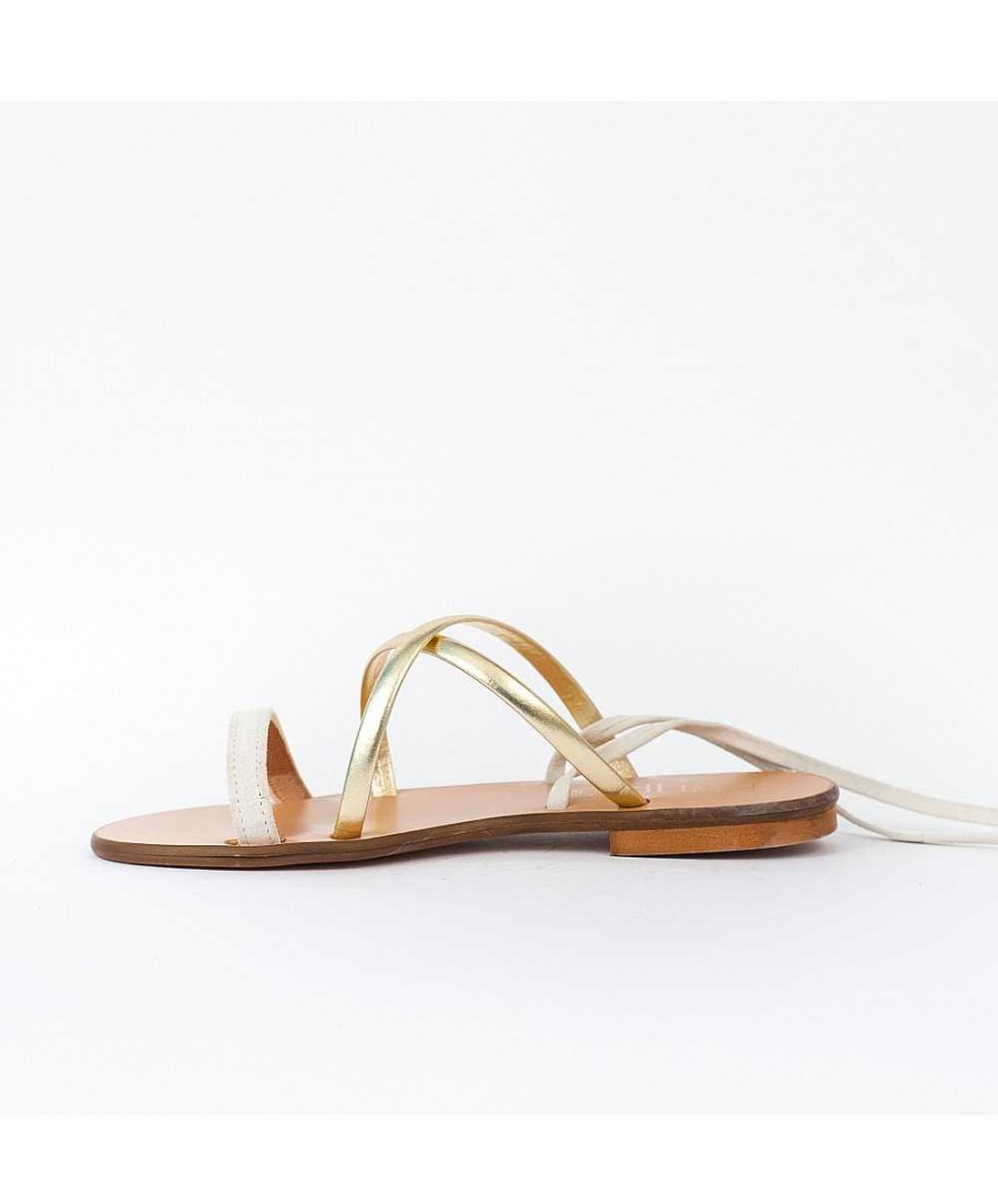 Sandalen En Blote Voeten | Osmose Beige En Platina Leren Platte Sandaal