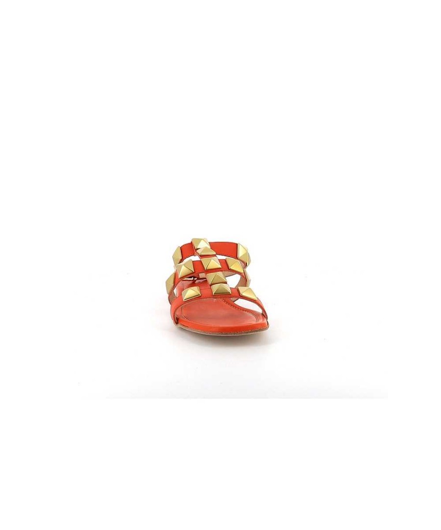 Sandalen En Blote Voeten | Osmose Nawel Oranje Leren Sandaal Met Studs