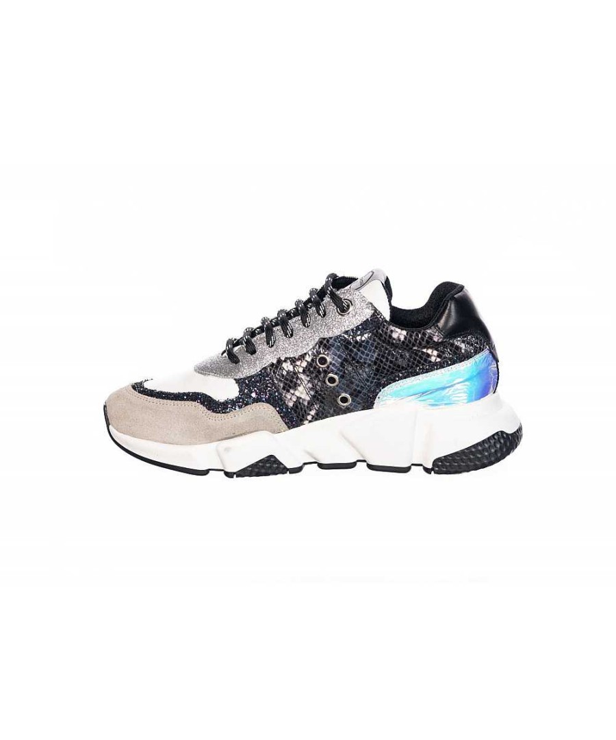 Sneakers | Osmose Nour Sneaker: Zwart, Blauw En Wit Pythonleer En Zilveren Glitter Op Witte Zool