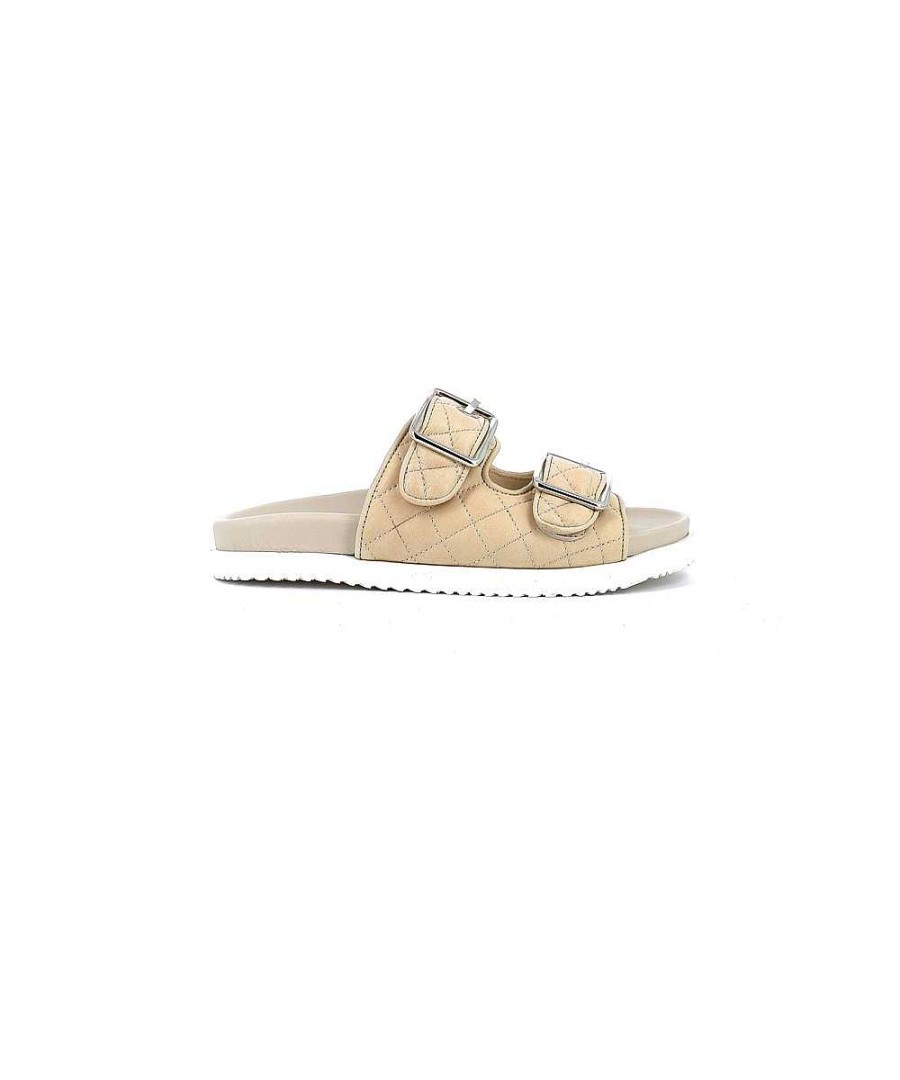 Sandalen En Blote Voeten | Osmose Mala-Sandalen Van Beige Leer Met Dubbele Gewatteerde Diamanten Band