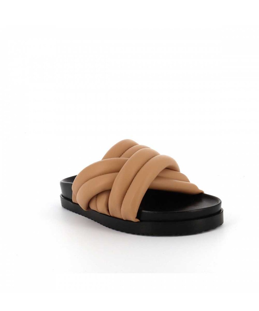 Sandalen En Blote Voeten | Osmose Bibi Platte Sandaal Beige Leer En Zwarte Zool